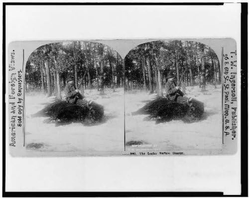 Снимка: Снимка Стереографа най-Щастливия Ловец на биволско, Лов на бизона, домашни Любимци,c1898,Сняг