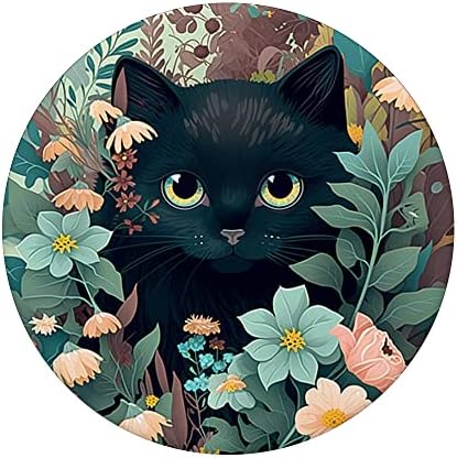 Сладко Черно Коте Кити Котка се Крие зад Цветя в градината PopSockets С възможност за смяна на PopGrip