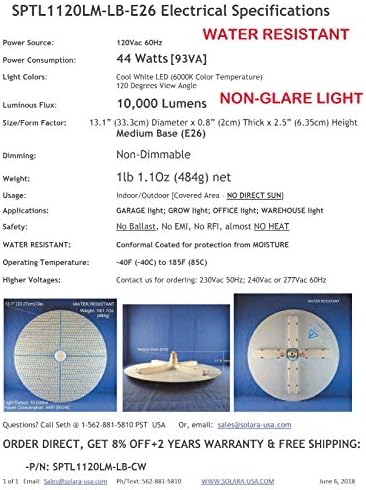 SOLARA-USA 10 000-Люменный 44-Ватов сверхяркий студен бял светодиод с диаметър 13,1 инча (6000 К) за осветяване на склад, гараж или за отглеждане на растения - 120 vac. Не димиране. Ср