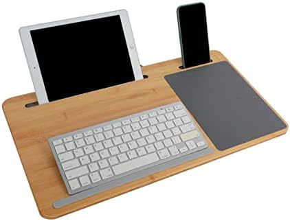 Маса за лаптоп SUMISKY на колене с възглавница ръчно преносима Маса за лаптоп с дръжка, поставка за таблет, притежател на телефона и подложка за мишка, Голяма бамбук по?