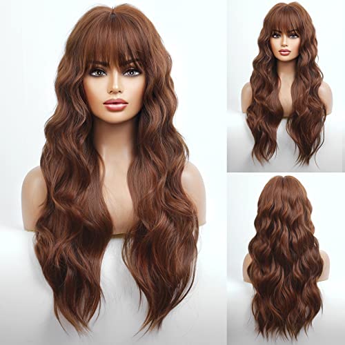 HAIRBE дълъг кестен перука с бретон, оранжево-кафява къдрава перуки за жени, огнеупорни синтетични перука за ежедневна употреба