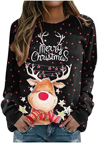 Жена Пуловер с Елени, Hoody, Коледна Празнична Туника С Дълъг Ръкав, Блузи, Модни Коледни Подаръци, Кутии, Тениска с кръгло деколте