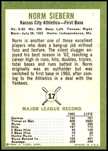 1963 Fleur 17 Норми Сиберн Канзас Сити Атлетикс (Бейзболна картичка) EX/MT Athletics