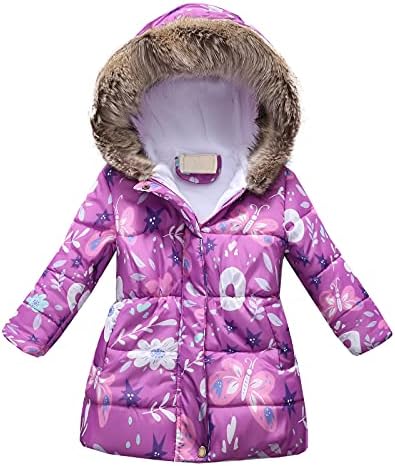 Зимата плътно топло ветрозащитное палто с качулка за малки момичета, Горна дреха, Яке, Зимни палта за момичета (Лилаво, 6-7 години)