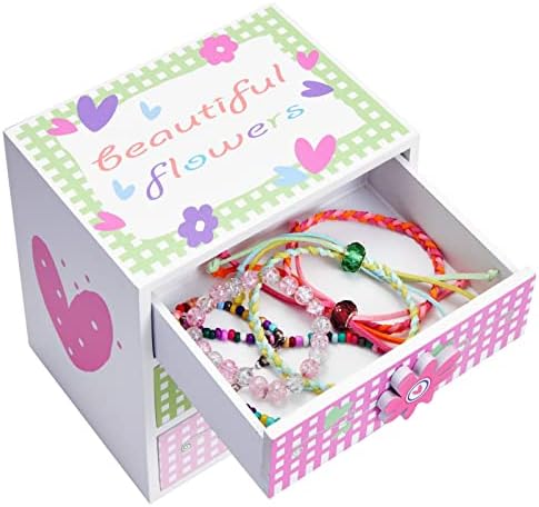 Малък Ковчег за декорации за малки момичета в цветенце с 3 Чекмеджета и Флорални дръжки, Квадратен Дървен Органайзер