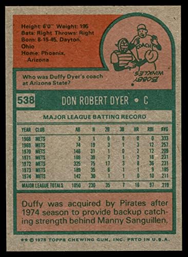 1975 Topps 538 Дъфи Дайър Питсбърг Пайрэтс (Бейзболна картичка) NM/MT Пирати