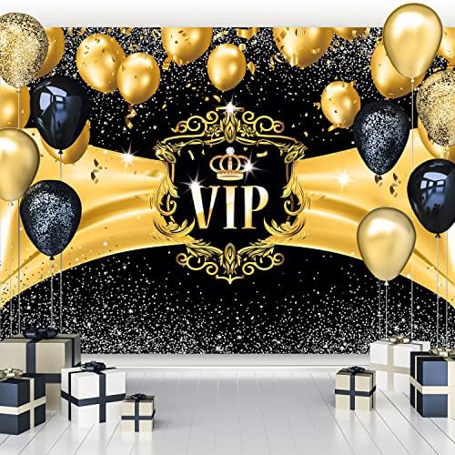 Imirell VIP Фон за парти 8x6 Метра, Черни, Златни и черни балони, Корона, Блестящи Декори за Бала, Юбилей, Парти,