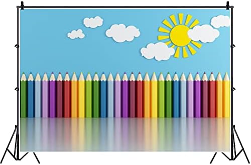 Laeacco Дъгата Молив Фон 5x3 фута Cartoony Винил Фон За Снимки на Сладки Слънчеви Облаци Цветен Молив Детска