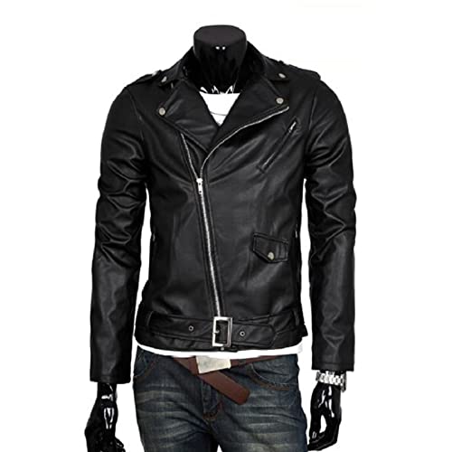 Мъжки Мотоциклетът яке от изкуствена кожа, Винтажное Байкерское палто от изкуствена кожа с Изрязани ревера, Асиметрична Горна дреха с цип, палта (Черно, X-Large)