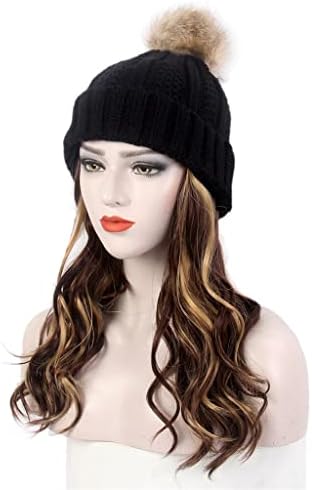 SDFGH, модни дамски шапка за коса, черна вязаная шапка, перука, дълга къдрава коса, кафява перука, плюс шапка, една