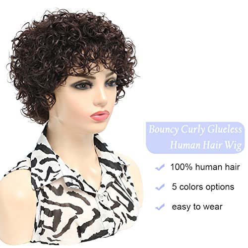 Къса перуки HUA за бели жени от истински Човешки коси, Тъмно-кафяви Къса Къдрава Перуки, изработени от Човешка