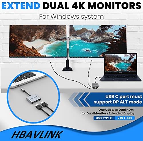 HBAVLINK USB C до Двойно адаптер за HDMI за два монитора 【w / 2 pack HDMI Кабел】, Адаптер за два монитора с