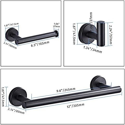 Комплекти за оборудване за баня от 3 теми, матиран черен, с монтиран на стената от неръждаема стомана SUS304,