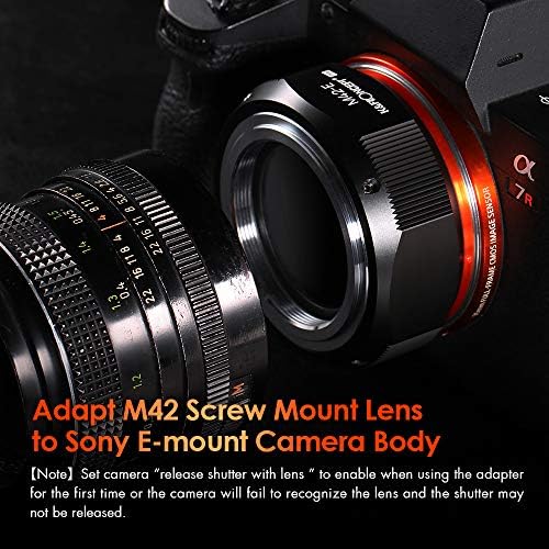 Адаптер за закрепване на обектива K & F Concept, който е съвместим за обектив M42 с камера на Sony Alpha NEX