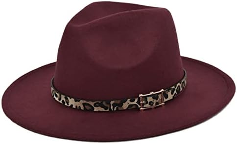 Дамски фетровая шапка-панама с широка периферия и леопардовой катарамата на колана си, класическа мода фетровая