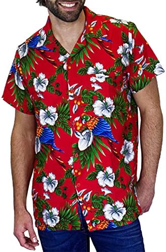 Страхотна Хавайски Мъжка Риза С Къс Ръкав, Джоб Отпред, Хавайски Разпечатки С Костилки Папагали, Вечерни Цветя