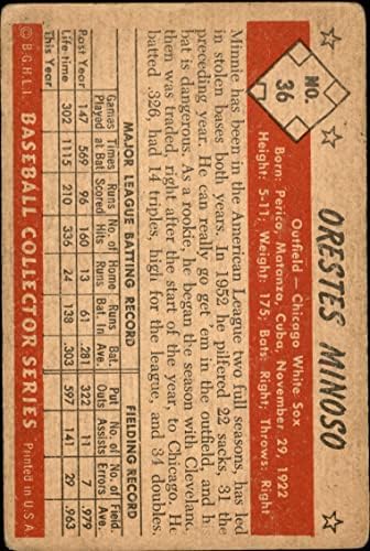 1953 Боуман Обикновена бейзболна картичка 36 Орест Миносо от Чикаго Уайт Сокс Клас Добър