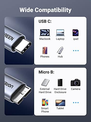 UGREEN Кабел за принтер USB B-C USB с дължина 3 метра в комплект с кабели за твърдия диск, Micro B-C USB скорост