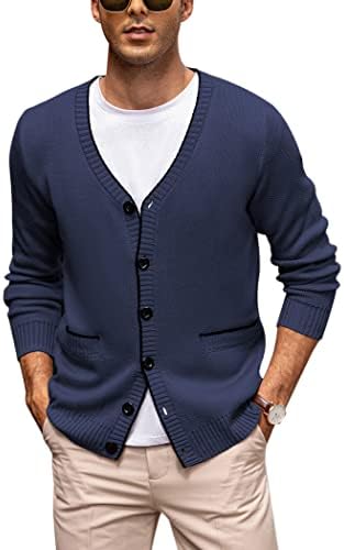 COOFANDY Мъжки Пуловер-Жилетка с дълъг ръкав, Оборудвана Вязаный Пуловер копчета с V-образно деколте и Джобове