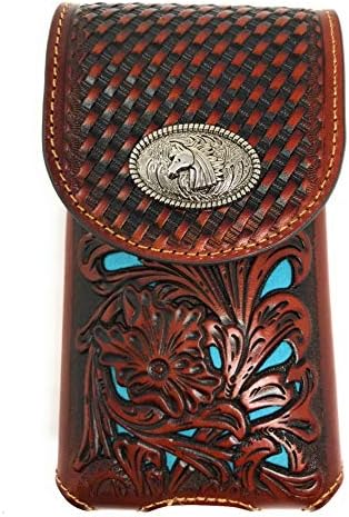 Чанта-кобур за мобилен телефон в 3 цвята (кафяво /Циан) от Ковбойской кожа в стил Уестърн с цветя модел под