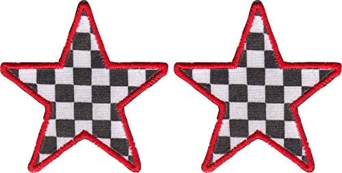 Черно-бели шахматни звезди с червени контурите - Рязани бродирани кръпки, желязо или пришейте към тях - Само