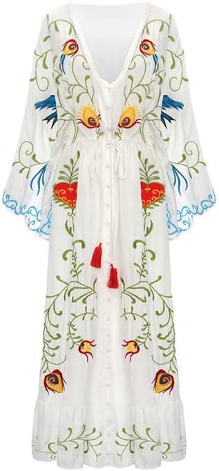 Лятото Богемное Туристическа Островна Спа рокля Angxiong със Свободен V-образно деколте, Ретро-Етнически Бродирани