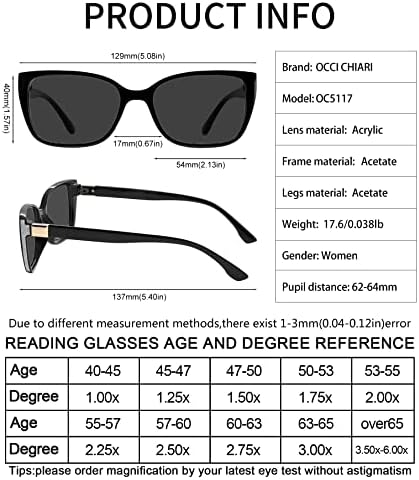 OCCI CHIARI Големи Слънчеви Очила за Четене Дамски Слънчеви Очила За Четене(1.0 1.25 1.5 1.75 2.0 2.25 2.5 2.75