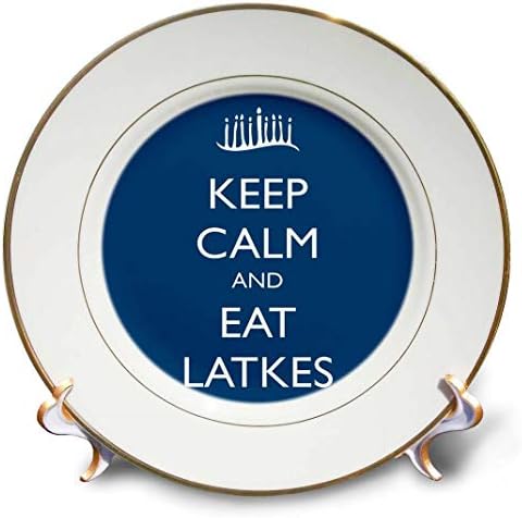 3dRose cp_163812_1 Запазете спокойствие и яжте Латкес, Синя Порцеланова чиния, 8 инча