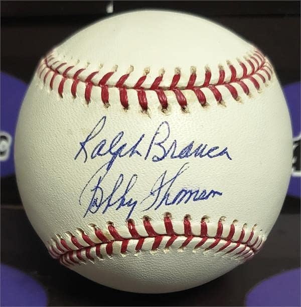 Играта на топка с автограф на Ралф Бранки и Боби Томсън (ROMLB Shot Heard Round the World Джайънтс Dodgers 1951)