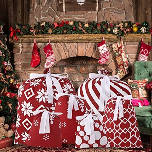 JOYIN 6 бр. Червени Коледни Тъканни Подаръчни пакети с 5 Дизайнами, Коледни Торбички от Памучна тъкан, дантела