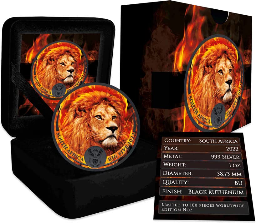2022 Изгаряне на Big Five II PowerCoin Burning Lion Черна Рутениевая Голяма Петица Ii 1 Унция Сребърна Монета