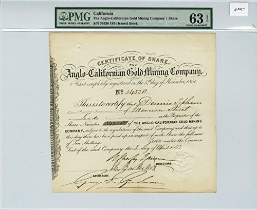 Сертификат за съвместно участие на Англо-Калифорния златото компания