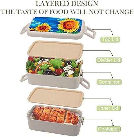 Кутия за Обяд Bento с Изображение на Слънчогледи, Контейнери За Съхранение на Продукти за 2 Отделения С Лъжица