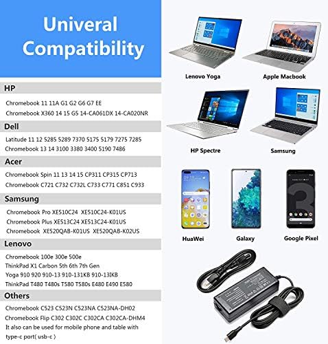 45 Вата Тип C USB Зарядно за лаптоп, съвместима с Chromebook 100e 300e 500е c330 ThinkPad T480 T480s T580 T580s
