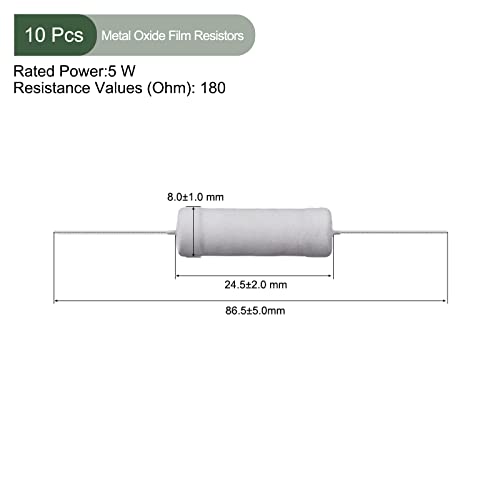 YOKIVE 10 Бр. филм резистори от метален окис, Аксиален полето резистор, Поддържат нормалната работа на веригата, отлични за електрическо оборудване (сив, 5 W, 180 Ома)