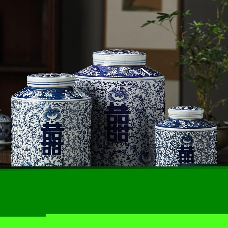 XBWEI Цзиндэчжэнь на Синьо-бялата порцеланова Сватба ваза-кана Happy Word Jar Керамична ваза-кана за Сватба