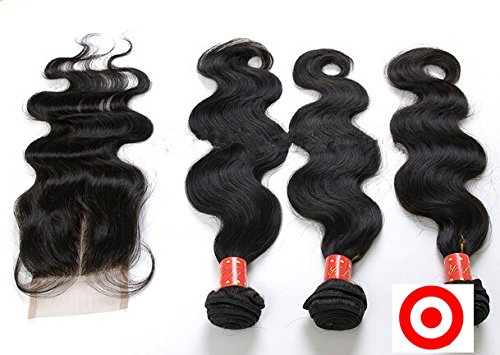 DaJun Hair 7A Средната Част на Лейси Закопчалка с 3 Греди Перуански Естествена Коса Remy Обемна Вълна Естествен Цвят (марка: DaJun) 14 затваряне + 161618патици